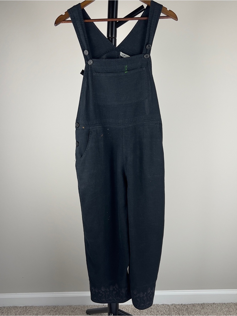 Vintage White Stag Black Linen Overalls Embroidered Artist‎ Painters Jumpsuit M
